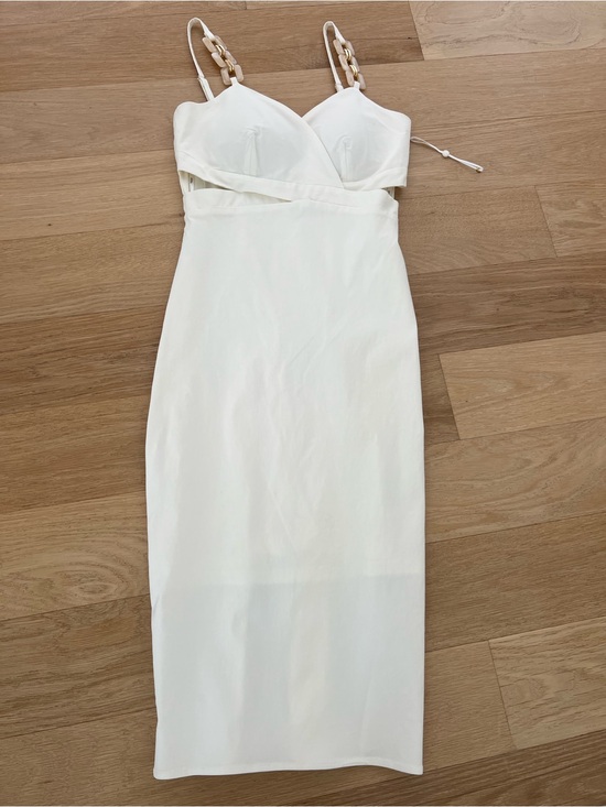 Siena Dresses & Skirts - White Fitted Midi Dress with Chain-Strap Detail - cut out style top front